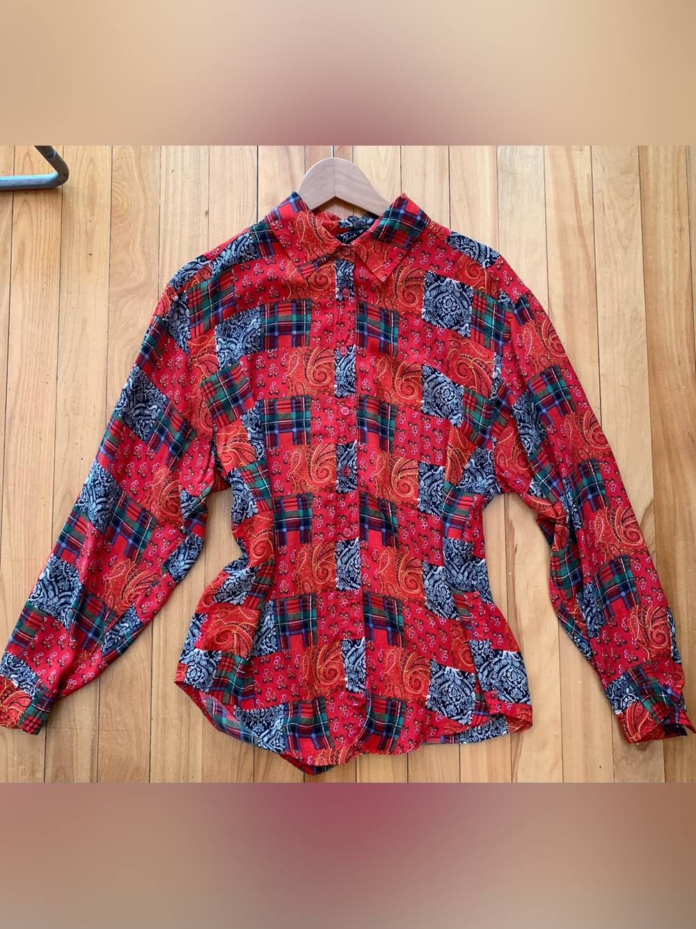 Red Patchwork Button-Down Shirt- 100% Silk
